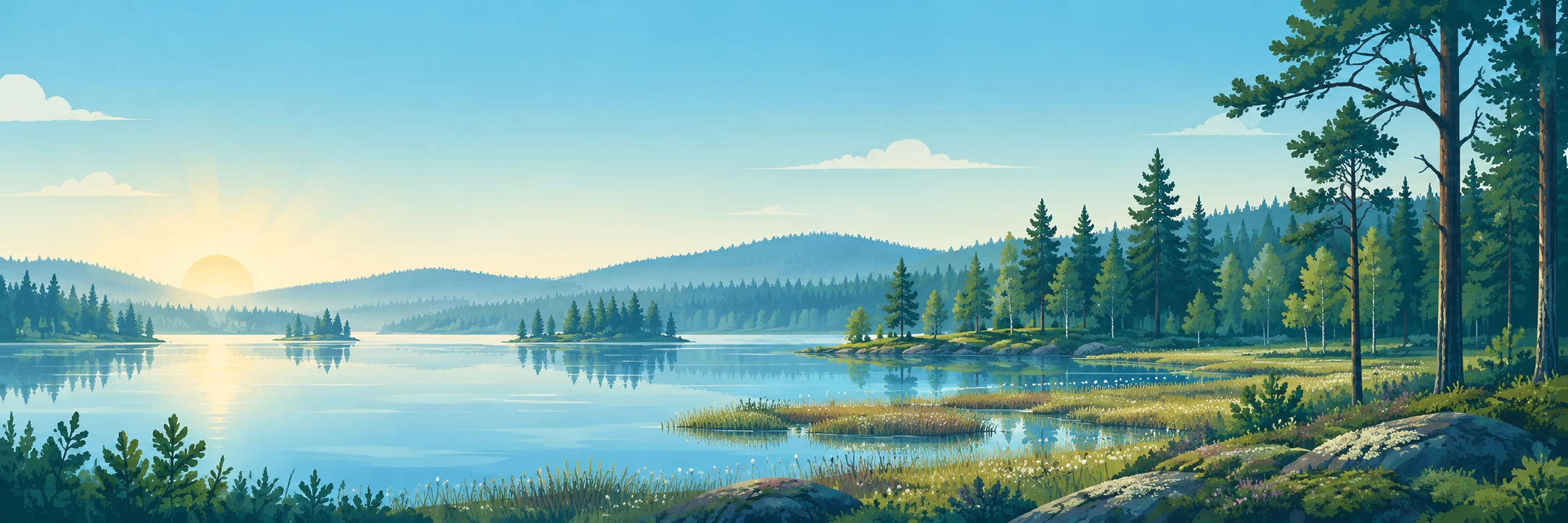 Målad skog vid en sjö