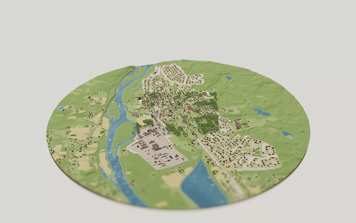 3D-kartan över Älvdalen sedd snett ovanifrån, med hus, gator, vatten och grönytor.