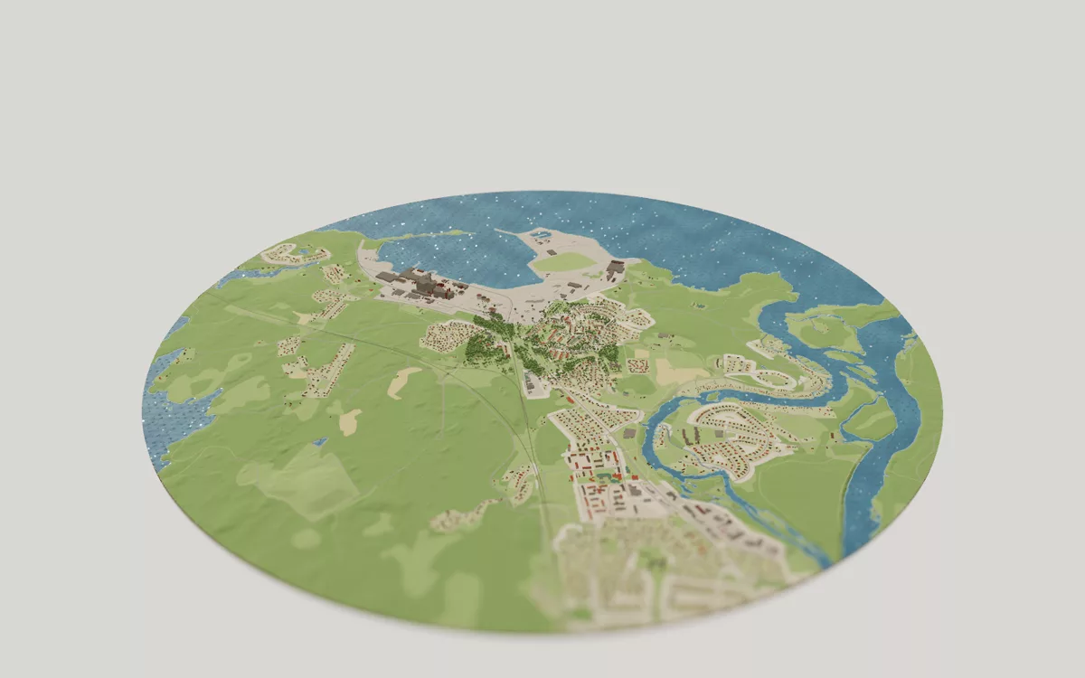 3D-kartan över Skutskär sedd snett ovanifrån, med hus, gator, vatten och grönytor.