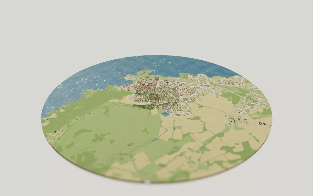 3D-kartan över Borgholm sedd snett ovanifrån, med hus, gator, vatten och grönytor.