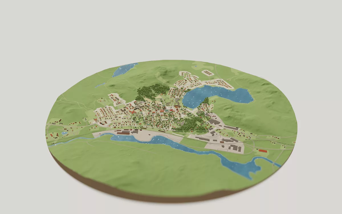 3D-kartan över Dorotea sedd snett ovanifrån, med hus, gator, vatten och grönytor.