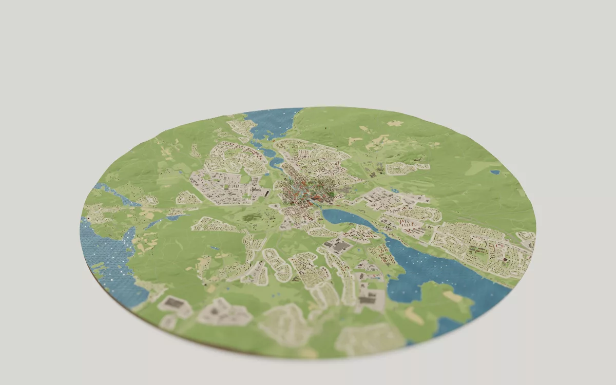 3D-kartan över Falun sedd snett ovanifrån, med hus, gator, vatten och grönytor.