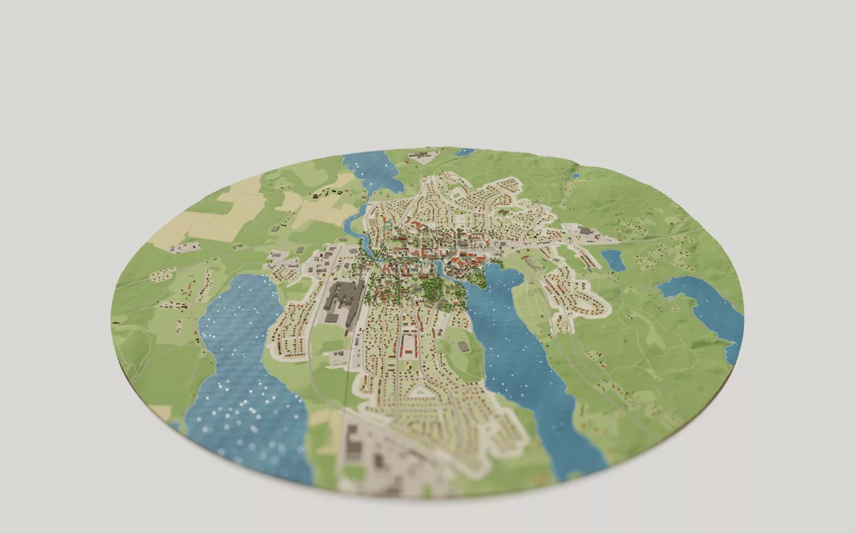 3D-kartan över Filipstad sedd snett ovanifrån, med hus, gator, vatten och grönytor.