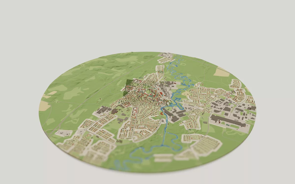 3D-kartan över Gislaved sedd snett ovanifrån, med hus, gator, vatten och grönytor.
