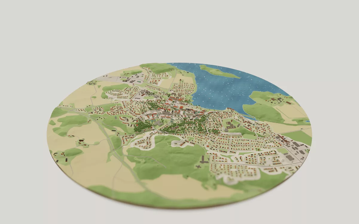 3D-kartan över Gnesta sedd snett ovanifrån, med hus, gator, vatten och grönytor.