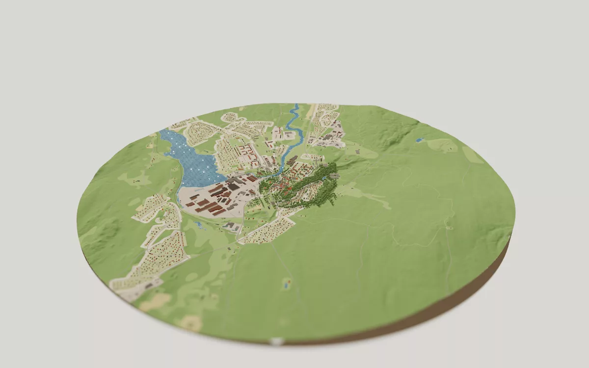 3D-kartan över Hagfors sedd snett ovanifrån, med hus, gator, vatten och grönytor.