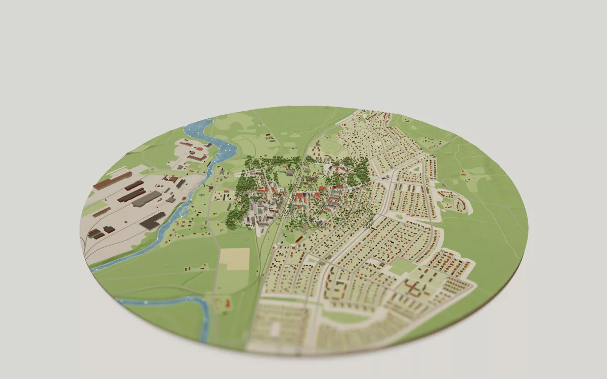 3D-kartan över Hällefors sedd snett ovanifrån, med hus, gator, vatten och grönytor.