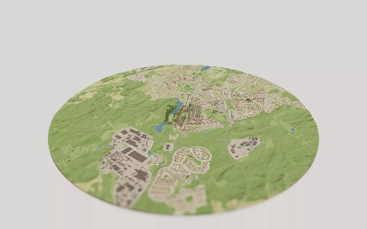 3D-kartan över Handen sedd snett ovanifrån, med hus, gator, vatten och grönytor.