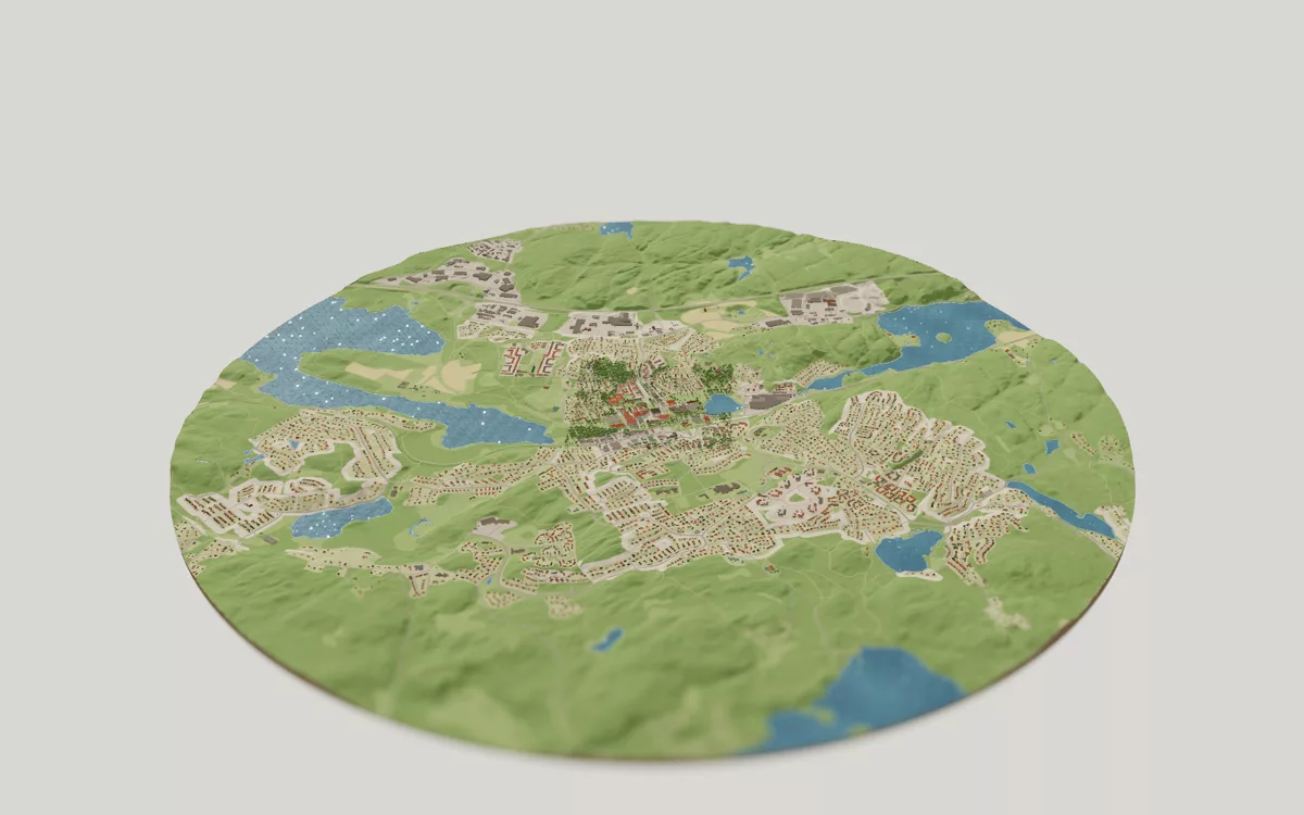 3D-kartan över Mölnlycke sedd snett ovanifrån, med hus, gator, vatten och grönytor.