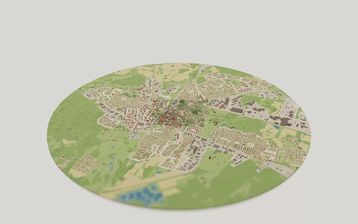 3D-kartan över Hässleholm sedd snett ovanifrån, med hus, gator, vatten och grönytor.