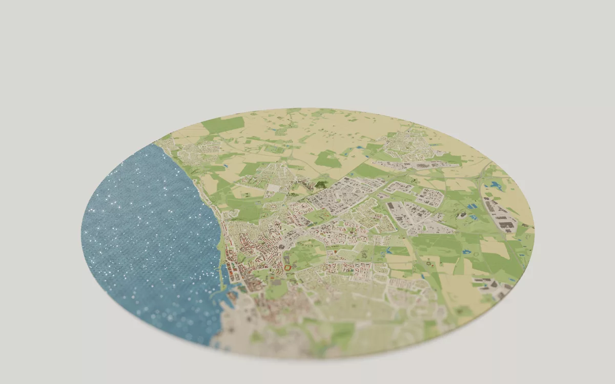 3D-kartan över Helsingborg sedd snett ovanifrån, med hus, gator, vatten och grönytor.