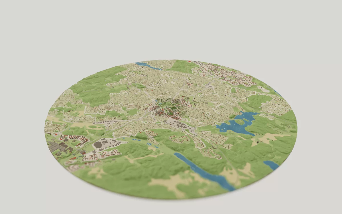 3D-kartan över Huddinge centrum sedd snett ovanifrån, med hus, gator, vatten och grönytor.
