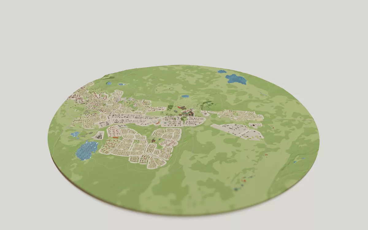 3D-kartan över Kiruna sedd snett ovanifrån, med hus, gator, vatten och grönytor.