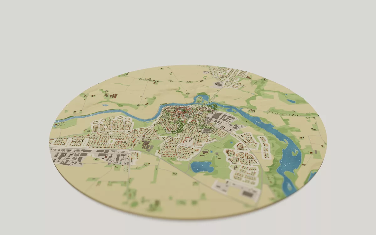 3D-kartan över Laholm sedd snett ovanifrån, med hus, gator, vatten och grönytor.
