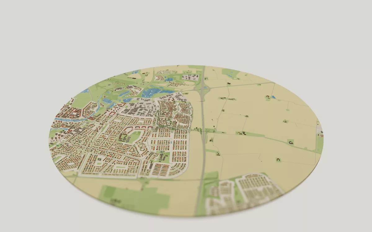 3D-kartan över Lomma sedd snett ovanifrån, med hus, gator, vatten och grönytor.
