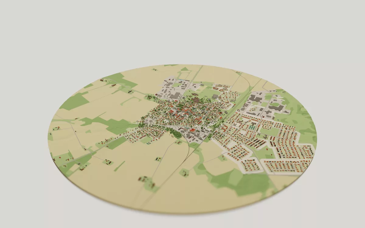 3D-kartan över Mellerud sedd snett ovanifrån, med hus, gator, vatten och grönytor.