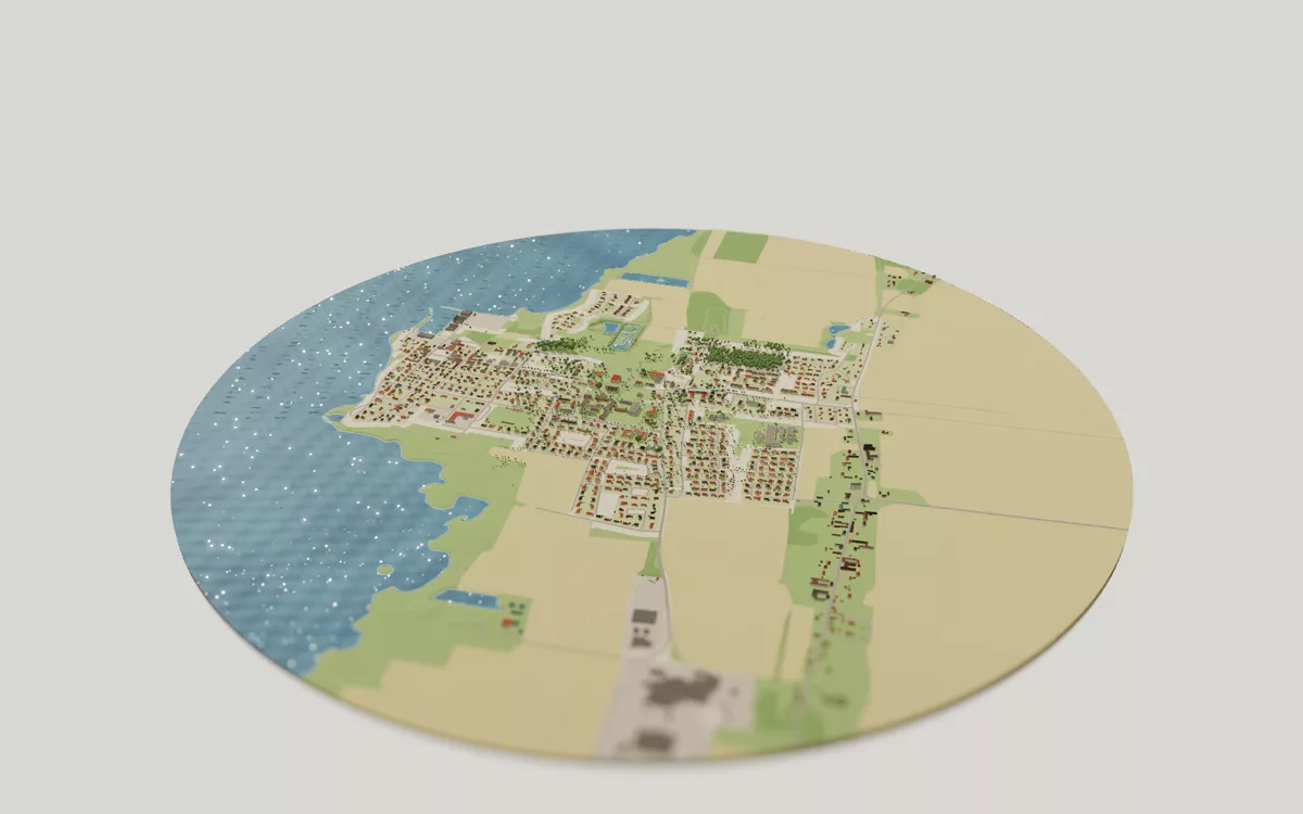 3D-kartan över Mörbylånga sedd snett ovanifrån, med hus, gator, vatten och grönytor.