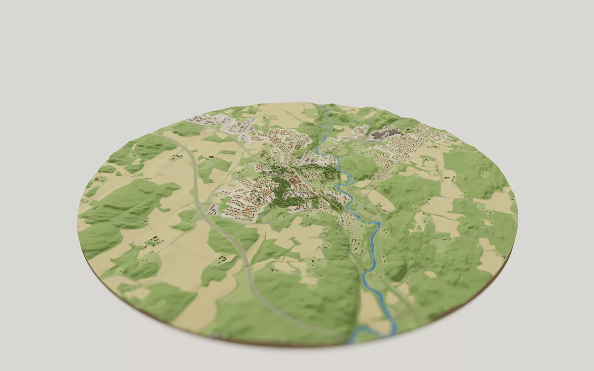 3D-kartan över Munkedal sedd snett ovanifrån, med hus, gator, vatten och grönytor.
