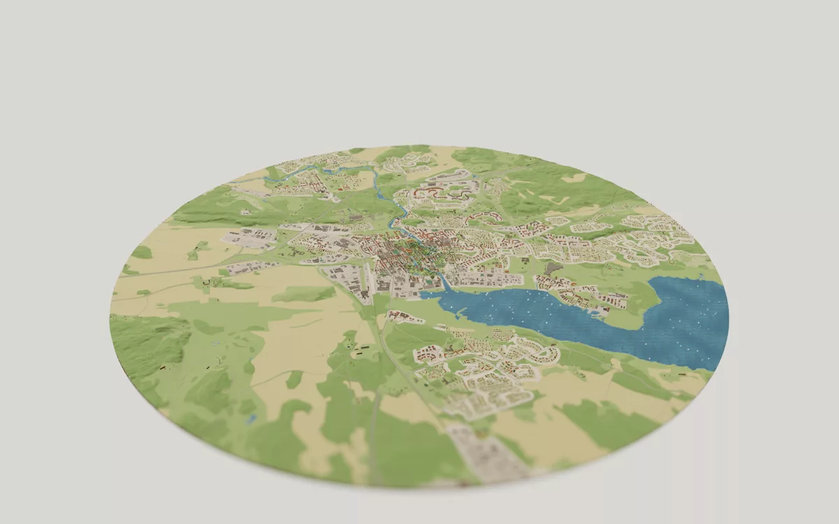 3D-kartan över Nyköping sedd snett ovanifrån, med hus, gator, vatten och grönytor.