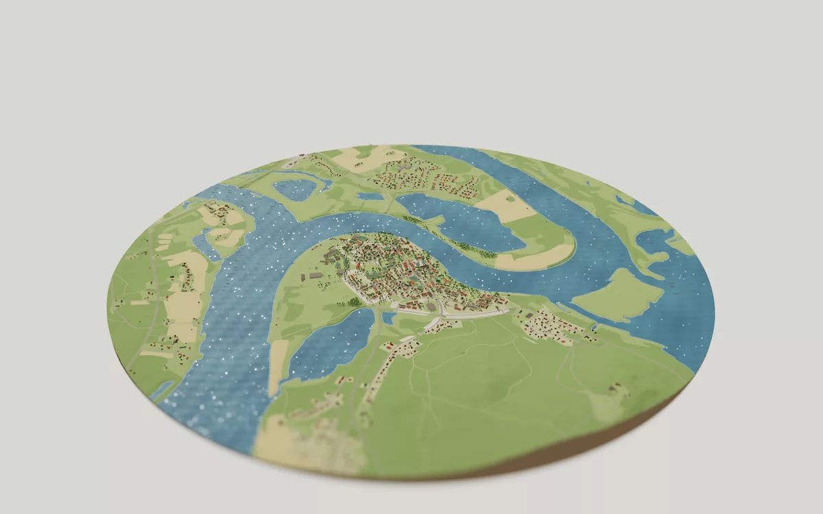 3D-kartan över Överkalix sedd snett ovanifrån, med hus, gator, vatten och grönytor.