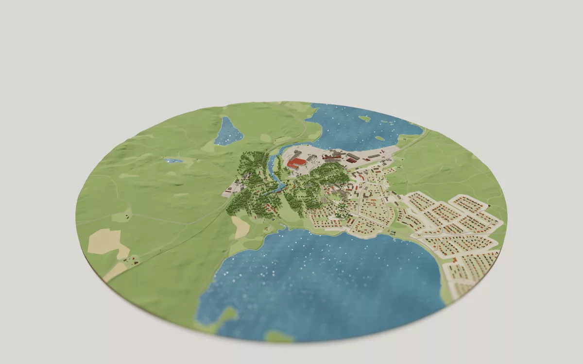 3D-kartan över Skinnskatteberg sedd snett ovanifrån, med hus, gator, vatten och grönytor.