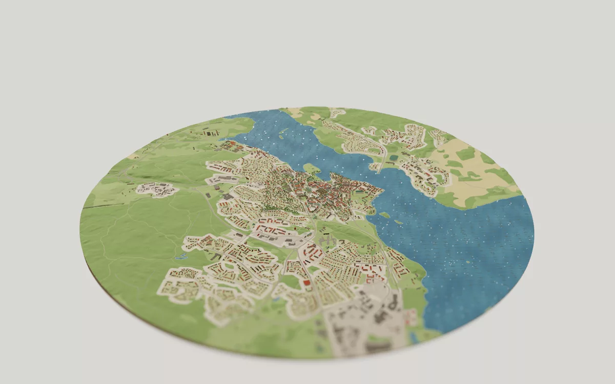 3D-kartan över Strängnäs sedd snett ovanifrån, med hus, gator, vatten och grönytor.