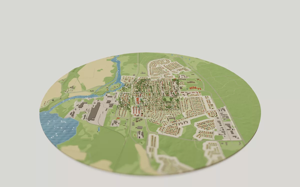 3D-kartan över Surahammar sedd snett ovanifrån, med hus, gator, vatten och grönytor.