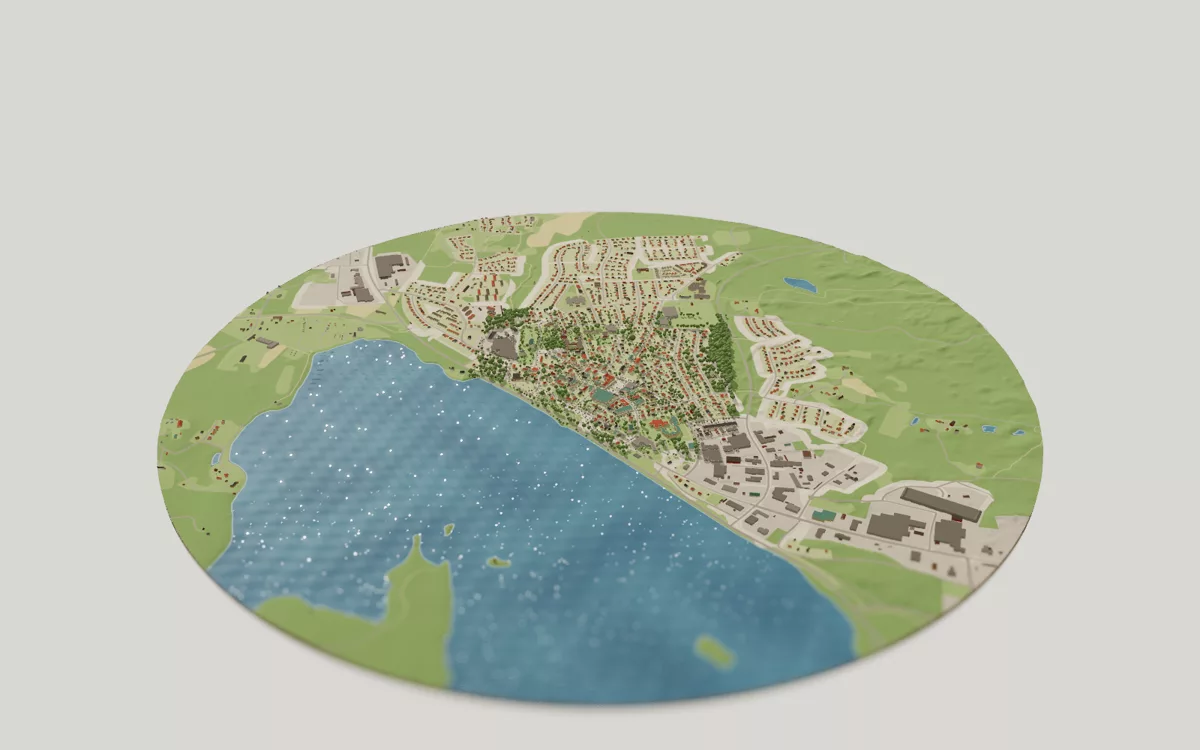 3D-kartan över Tingsryd sedd snett ovanifrån, med hus, gator, vatten och grönytor.