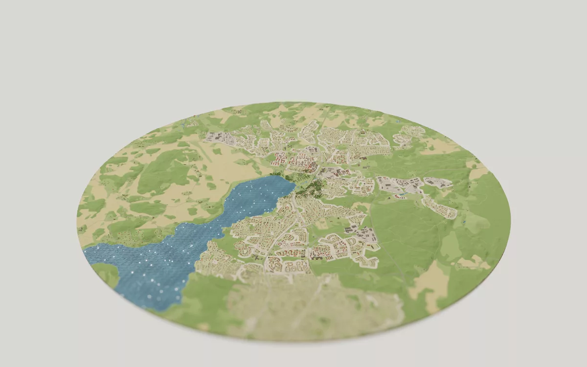 3D-kartan över Vallentuna sedd snett ovanifrån, med hus, gator, vatten och grönytor.