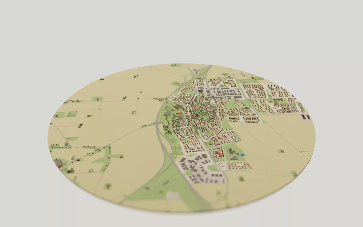 3D-kartan över Vellinge sedd snett ovanifrån, med hus, gator, vatten och grönytor.